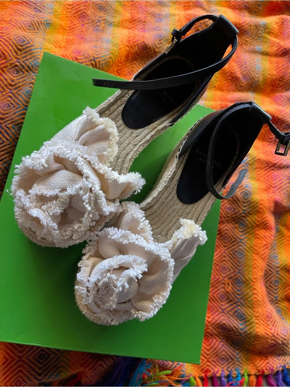 kate spade Cream and Black Espadrille Wedge Sandals